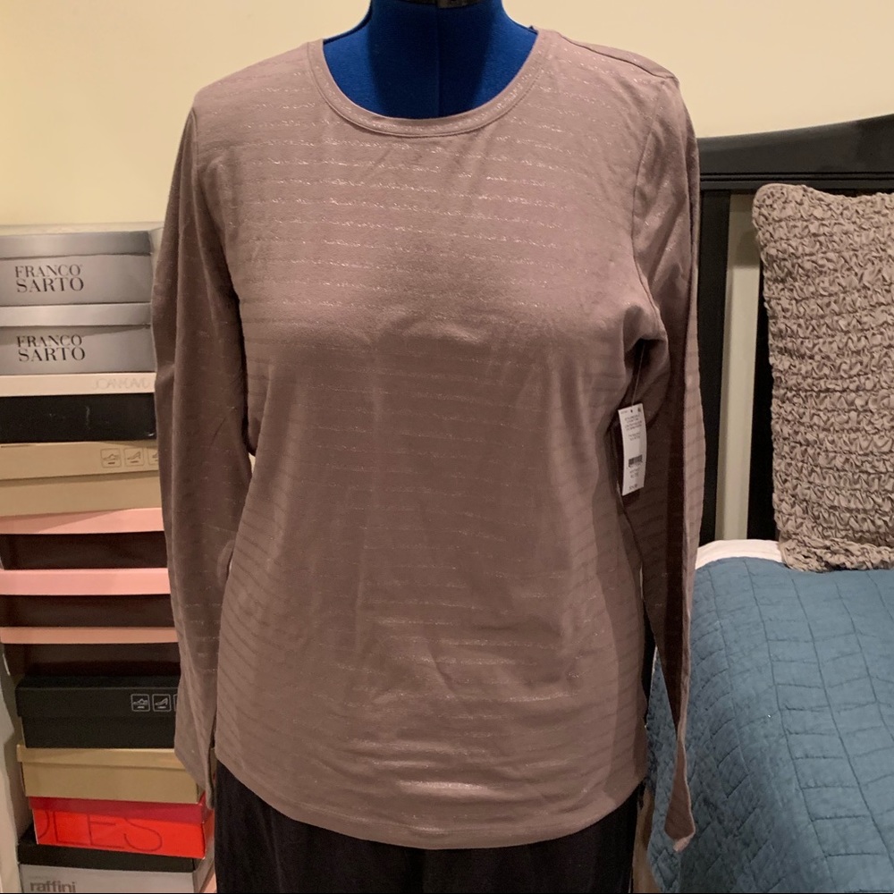 NWT Lord & Taylor Tlaupe Metallic Striped T-shirt Holiday Mink Vision